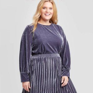 Ava & Viv Blue Velour Long Balloon Sleeves Top
